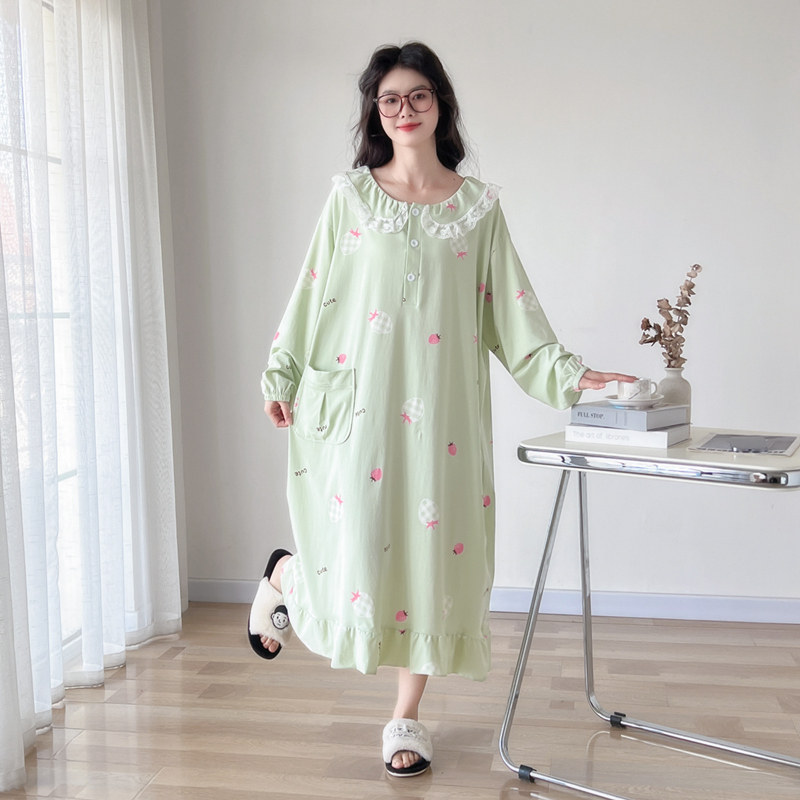 纯棉甜美娃娃领大码睡裙女胖mm200斤春秋长袖孕妇宽松睡衣家居服