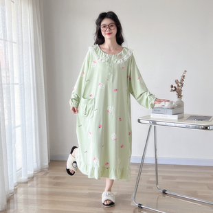 纯棉甜美娃娃领大码睡裙女胖mm200斤春秋长袖孕妇宽松睡衣家居服