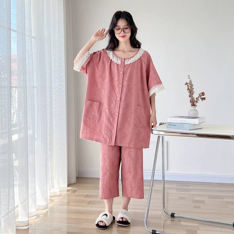 甜美花边纯棉纱布大码睡衣女夏薄款短袖开衫加肥200斤家居服套装