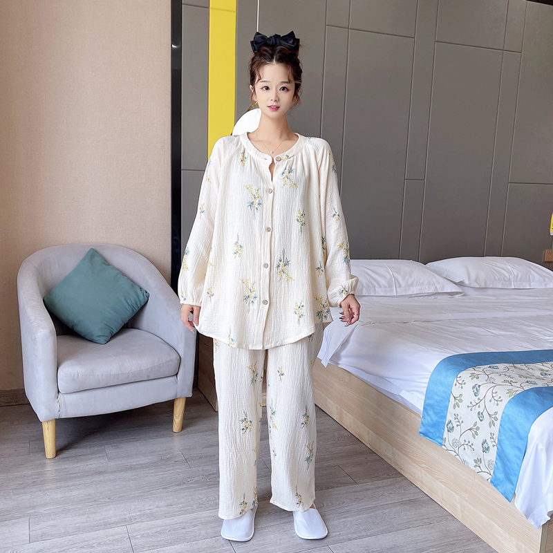 中式纯棉纱布大码睡衣套装春秋女