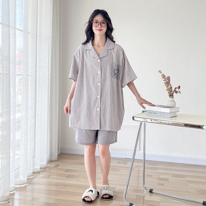 大码情侣睡衣女夏季短袖短裤薄款梭织棉加肥200斤男士家居服套装