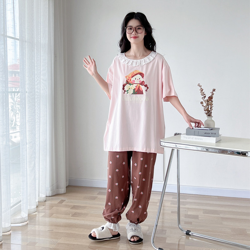 卡通甜美纯棉加大码胖mm睡衣女200斤春夏短袖长裤休闲家居服套装