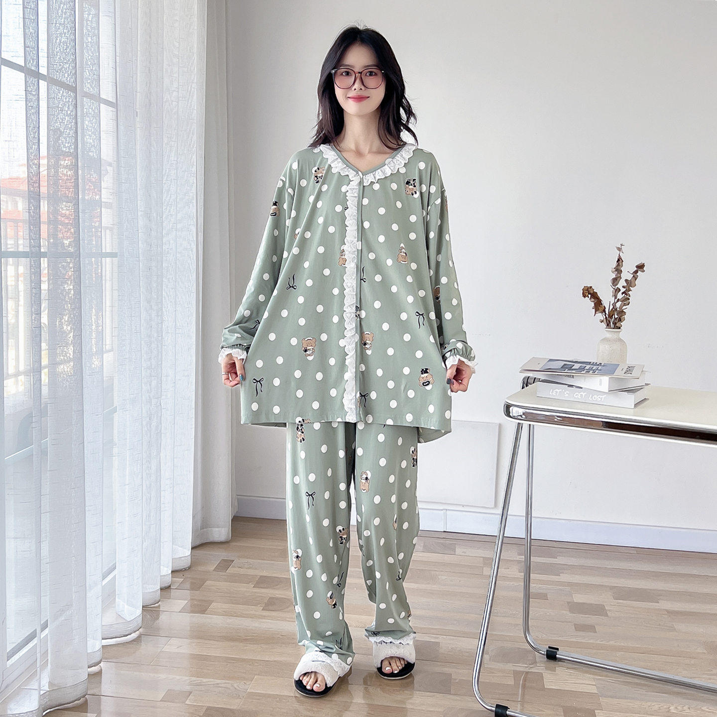 V领花边大码睡衣女春秋长袖胖mm200斤纯棉韩版休闲长裤家居服套装