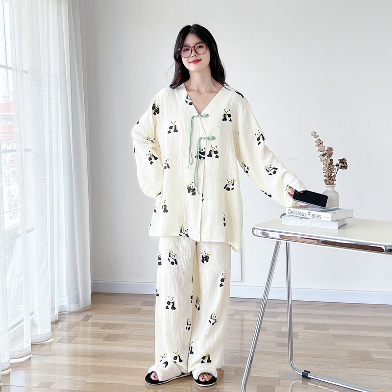 纯棉纱布中国风大码睡衣套装女