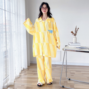 加肥200斤家居服套装 简约翻领开衫 长袖 睡衣女春秋季 双层棉纱大码