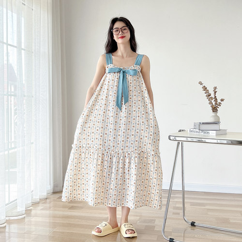 纯棉纱布夏季甜美吊带大码睡裙女