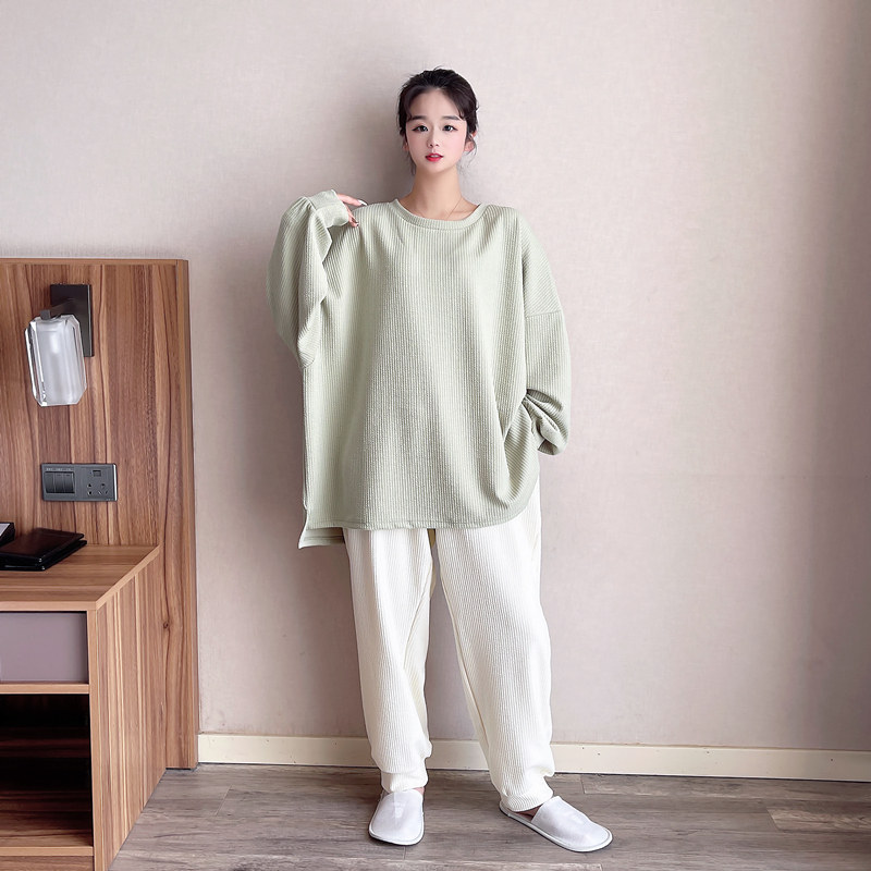 简约泡泡纱加大码睡衣女220斤春秋长袖韩版宽松胖mm家居服两件套