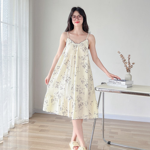 纯棉纱布夏季日系大码吊带睡裙女
