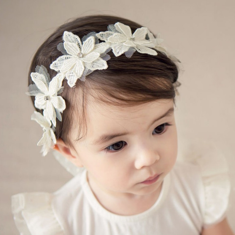 韩国宝宝花朵蕾丝发带小公主头饰婴幼儿百日照周岁饰品白色发箍