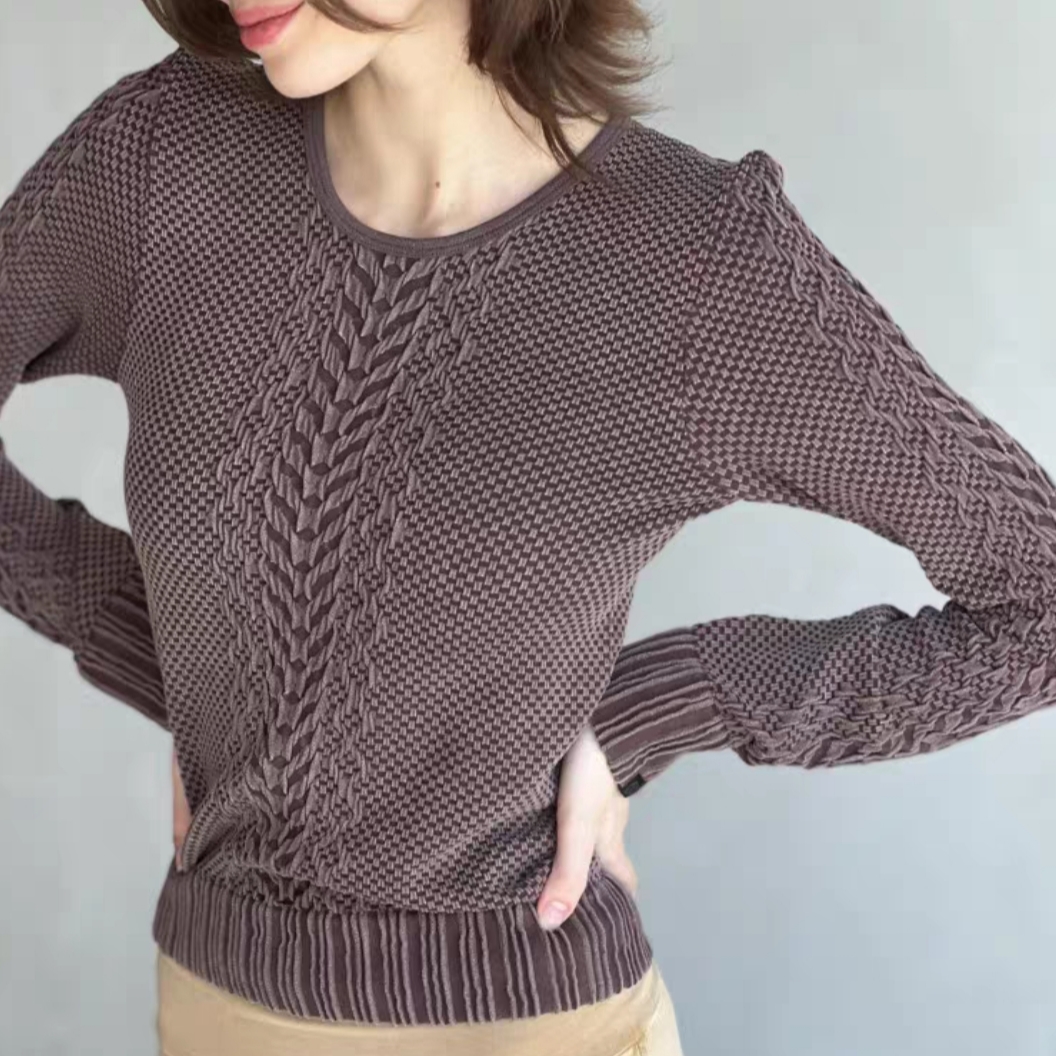 7折清仓itzon压花针织柔软大弹力长袖显瘦圆领瑜伽服上衣罩衫