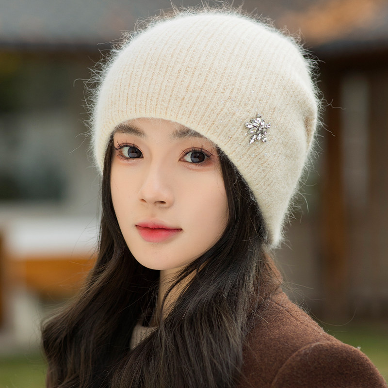 帽子女冬季妈妈兔毛针织帽加厚保暖套头帽洋气中老年人奶奶毛线帽