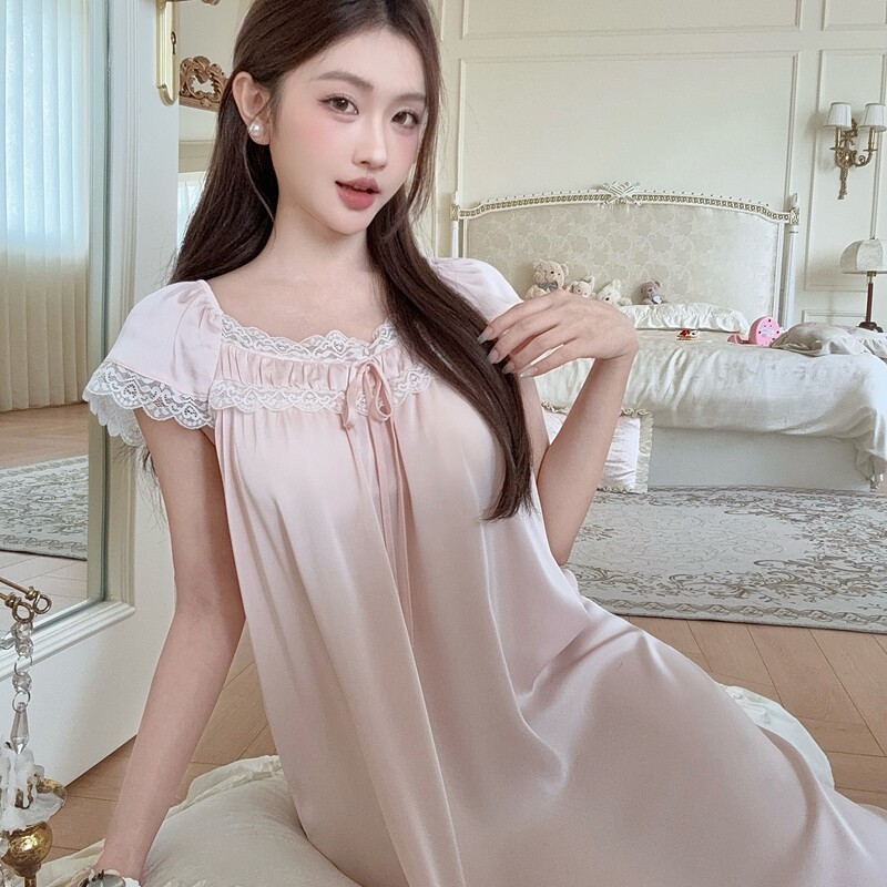 纯欲高级感冰丝短袖睡裙女带胸垫