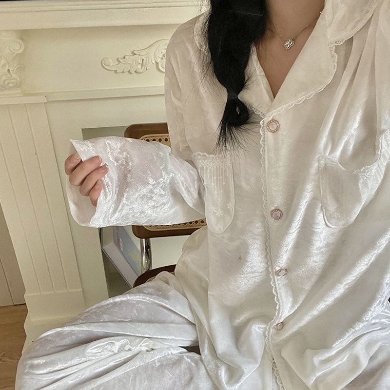 金丝绒睡衣女士春秋季新款蕾丝花边翻领冬季气质可外穿家居服套装