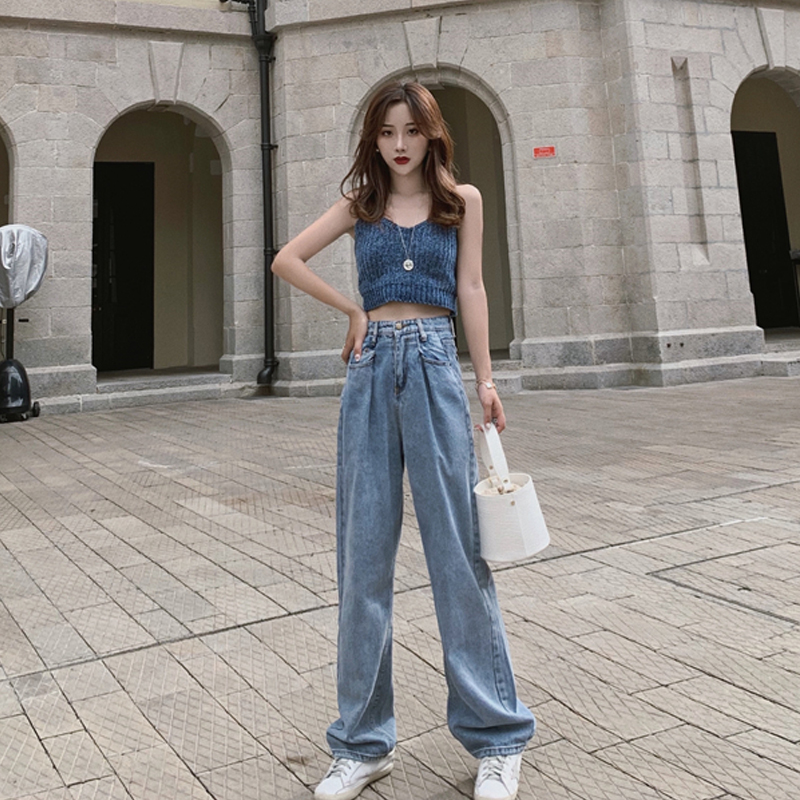 泫雅裤子女夏季2019新款港味复古宽松显瘦阔腿裤高腰牛仔裤老爹裤(用4.02元券)