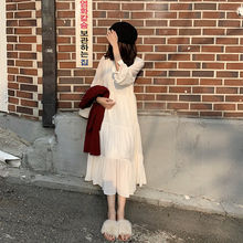 甜美秋季 长袖 雪纺连衣裙女过膝长裙 仙女裙2019初秋新款 宽松中长款