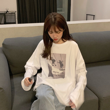 宽松显瘦洋气印花长袖 上衣 打底衫 2019新款 网红白色T恤女秋季 韩版