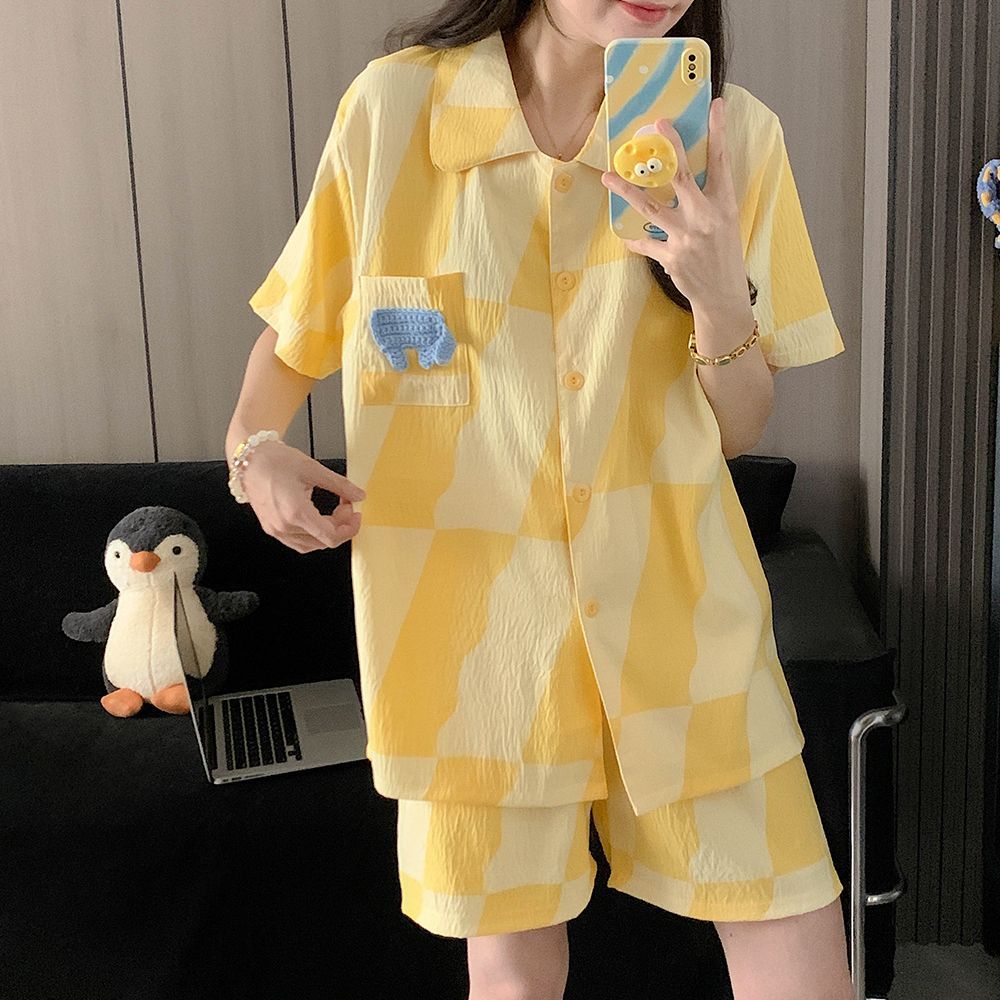 夏季可爱黄格衬衫领睡衣套装女