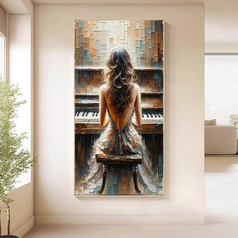 简约现代抽象艺术自愈钢琴女孩装饰画 画客厅玄关纯手绘肌理落地