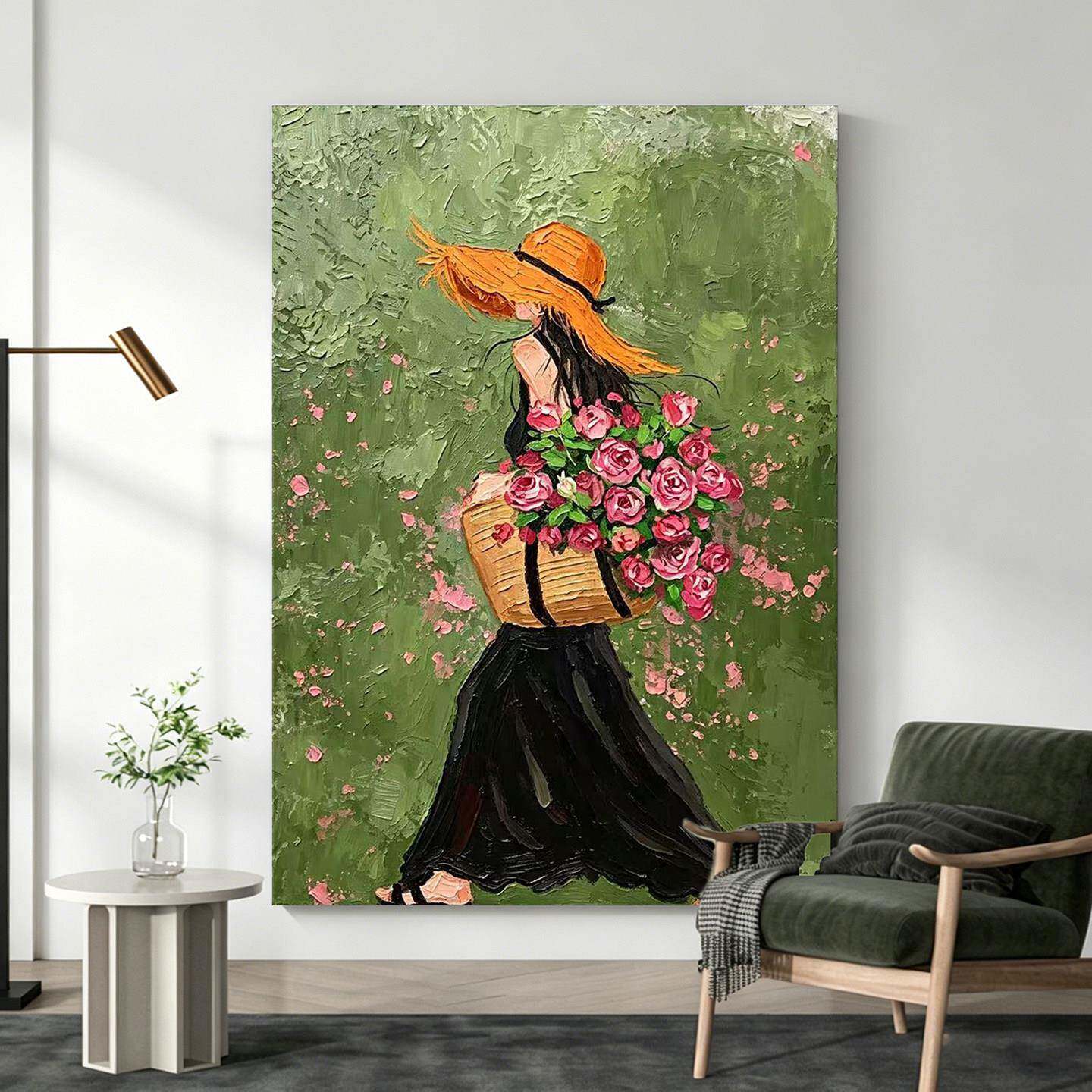 手绘油画《玫瑰少女》客厅沙发背景墙装饰画卧室餐厅挂画玄关肌理