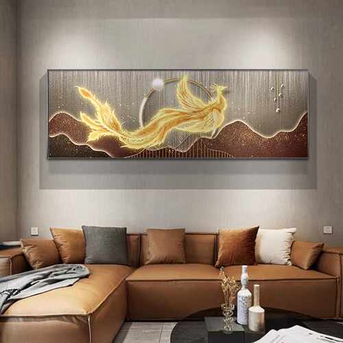 凤凰卧室床头挂画led灯画横幅现代轻奢客厅装饰画寓意好主卧壁画
