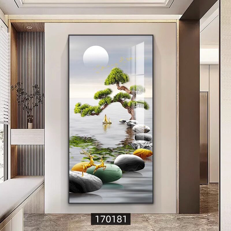 玄关装饰画走廊过道挂画迎客松墙画入户背景墙现代简约正对门壁画