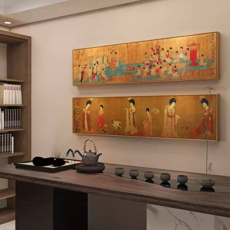 簪花仕女图挂画新中式唐代古风横幅装饰画客厅餐厅卧室床头挂画