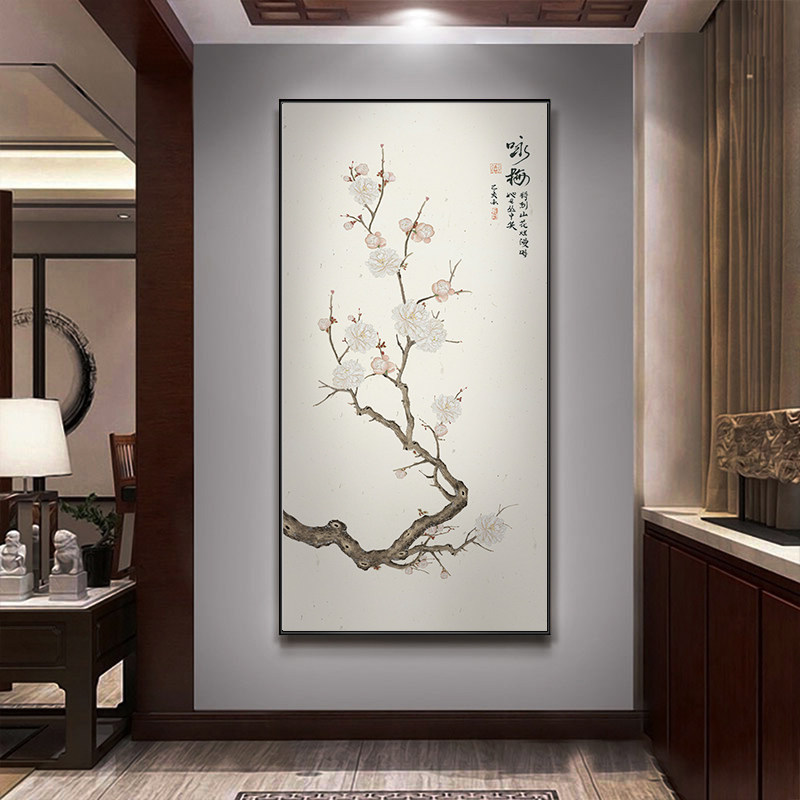 入户玄关走廊过道装饰画新中式挂画客厅背景墙画花鸟玄幻壁画竖版