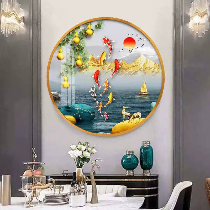 入户玄关圆形装饰画轻奢九鱼图招财壁画饭厅餐厅挂画走廊过道墙画