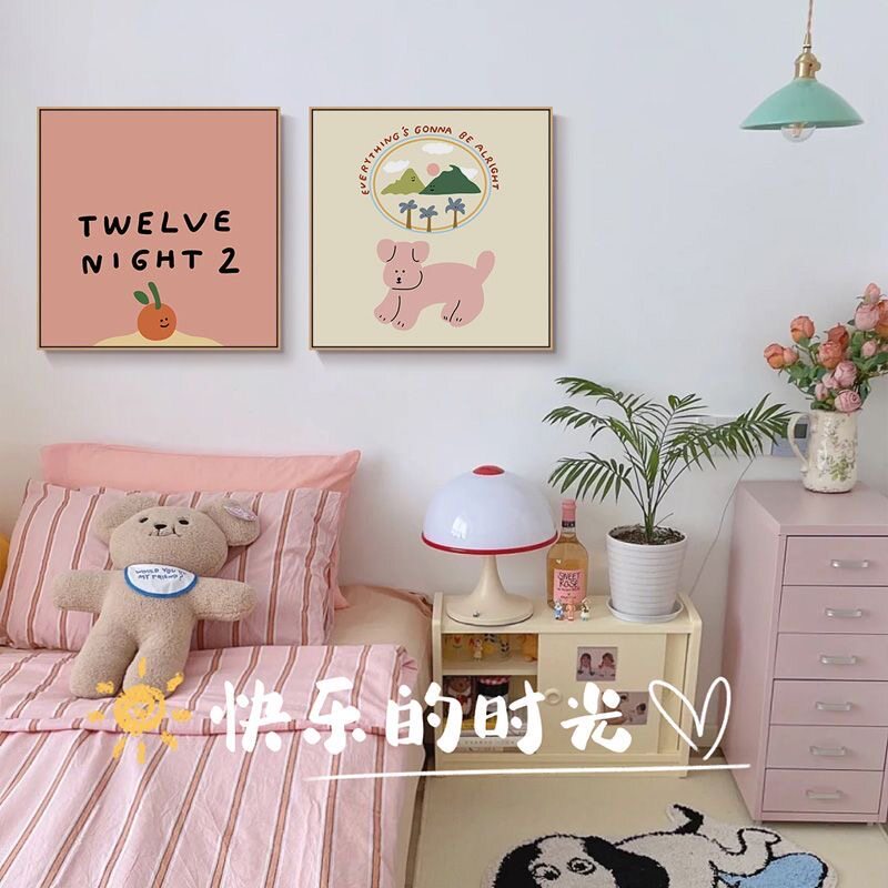 趣味小动物儿童房装饰画ins风卧室床头挂画北欧小清新饭厅画挂画