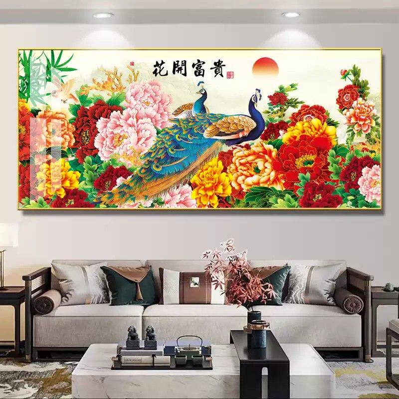 晶瓷画客厅沙发背景墙装饰画新中式孔雀牡丹花开富贵挂画横幅壁画