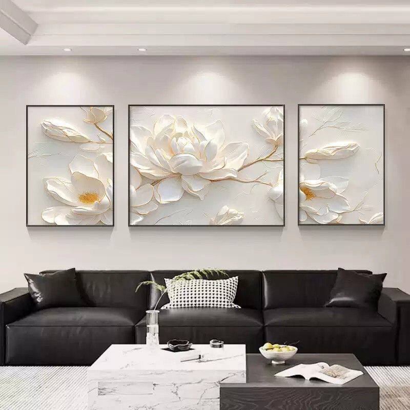 现代简约客厅装饰画抽象艺术玉兰花卉三联画奶油风沙发背景墙壁画