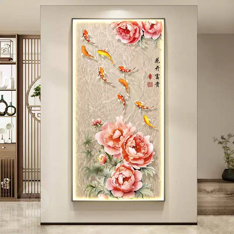 花开富贵牡丹九鱼图入户进门玄关装饰画新中式走廊过道尽头灯光画