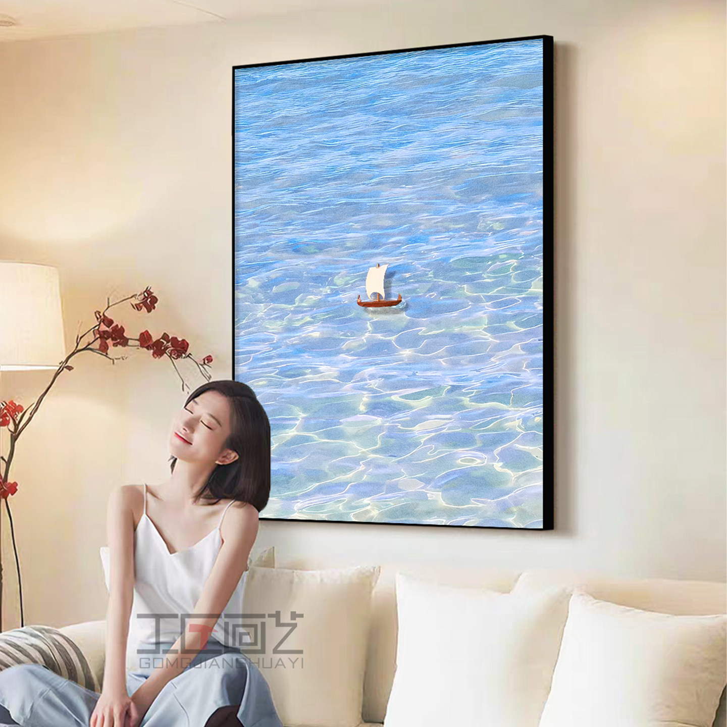 一帆风顺小船客厅装饰画高级感海景沙发后面背景墙挂画入户玄关画