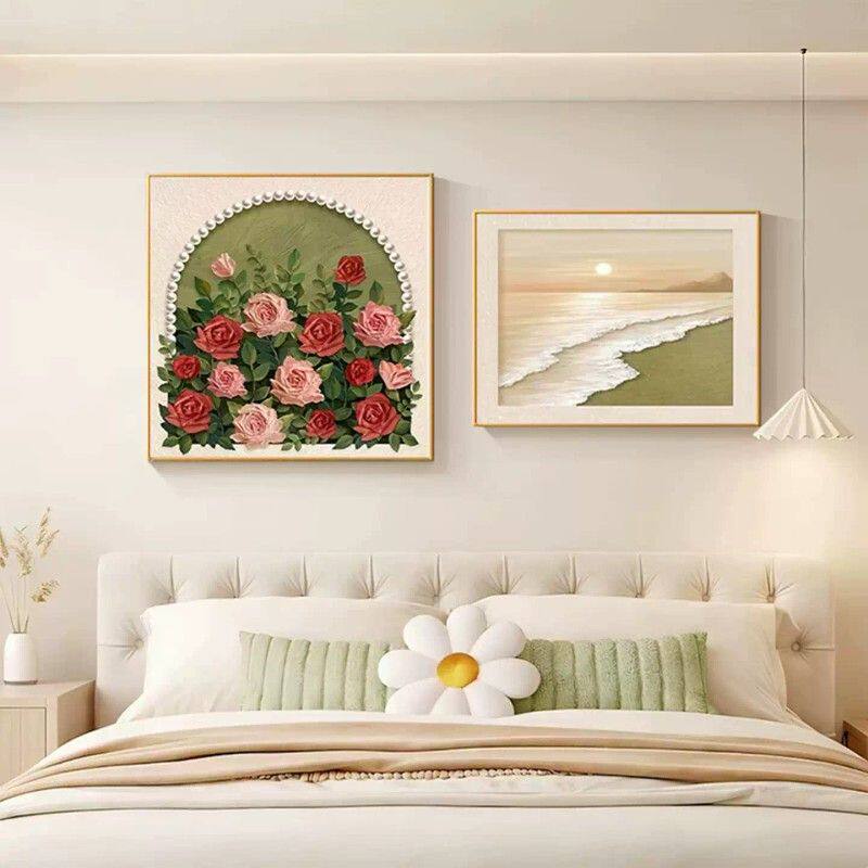 新款奶油风卧室床头装饰画法式主卧房挂画抽象花卉组合壁画高级感