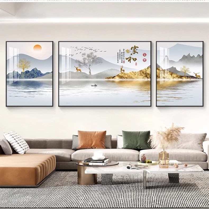 旭日东升客厅装饰画新中式三联沙发背景墙挂画山水画轻奢现代壁画