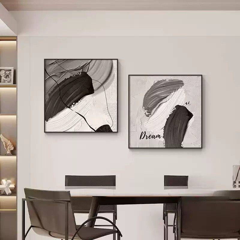 现代简约餐厅装饰画黑白抽象客厅沙发背景墙组合挂画高级感方形画