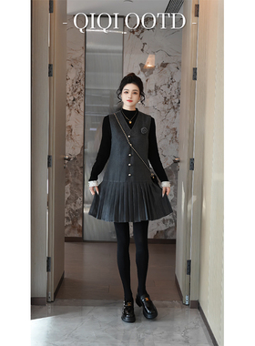 柒院家大码气质通勤毛呢背心连衣裙2025秋冬宽松显瘦减龄中长裙女