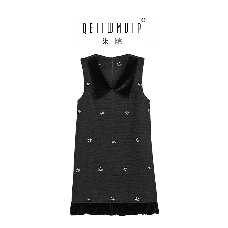 大码印花翻领拼接网纱背心连衣裙