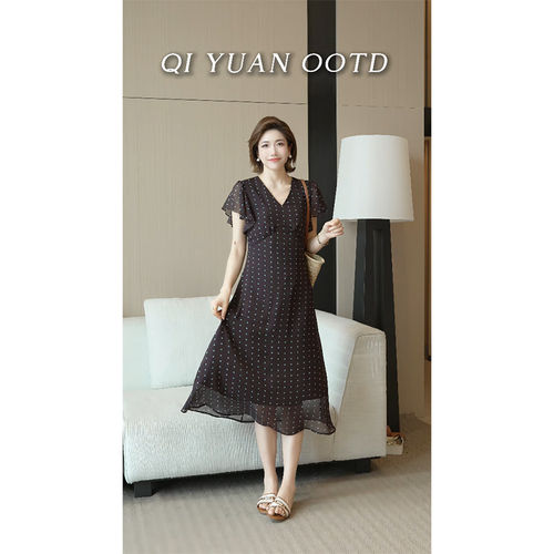 大码女V领收腰显瘦波点连衣裙女