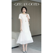 柒院家微胖大码 女装 轻奢拼接网纱连衣裙2025夏宽松遮肉显瘦中长裙