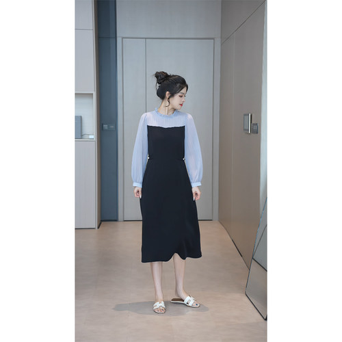 柒院家大码法式花边长袖连衣裙女