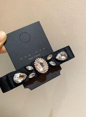 复古气质千金风手缝水钻黑色蝴蝶结弹簧夹发夹轻奢款发卡边夹发饰