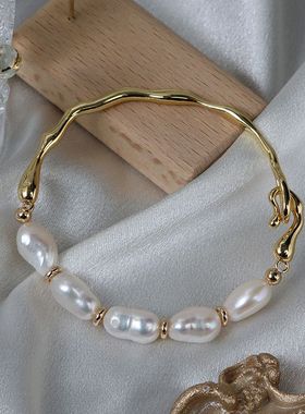 工厂批发巴洛克天然淡水珍珠手链简约优雅金属14k注金时尚手镯