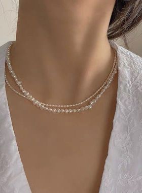 手作天然巴洛克珍珠锁骨链14K包金小米粒复古短颈项链女时尚达人