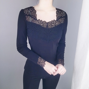 丽维女士纯棉套装 女士保暖内衣棉秋衣衬衣蕾丝内搭打底衫 方领长袖