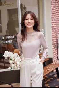丽维X3095女士蕾丝网纱保暖上衣薄款 小高领打底衫 2024秋冬新款