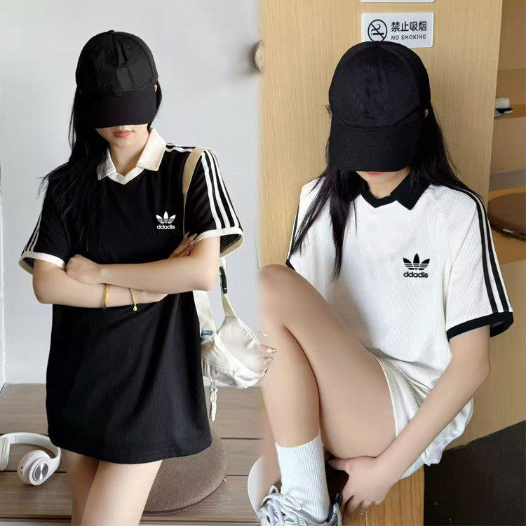 品牌短袖T恤女2025夏季新款宽松休闲运动上衣三条杠翻领半袖男潮