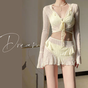 显瘦温泉装 蜜Dream纯欲辣妹比基尼泳衣女四件套分体长袖 保守裙式