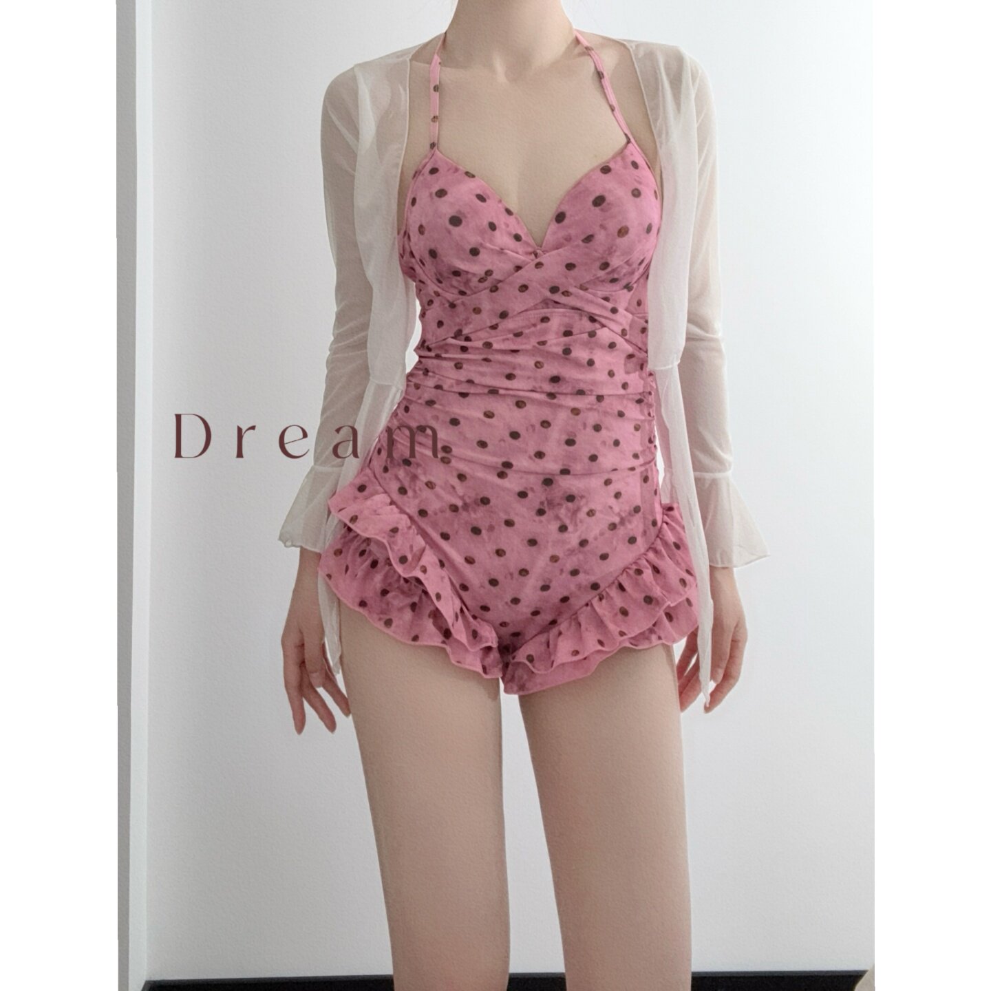 蜜Dream泳衣女甜美粉色波点连体性感钢托聚拢吊带泳装罩衫两件套
