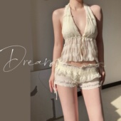 蜜Dream法式 绝美度假风挂脖系带褶皱比基尼女分体泳衣三件套泳装